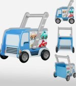 Wooden Baby Walker Wagon with Toys - Blue & Grey - Image 4